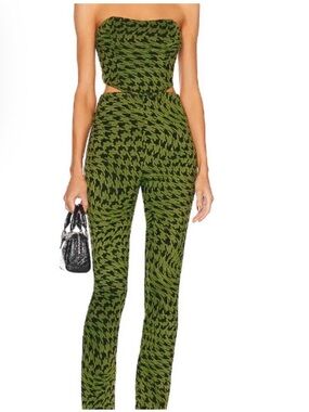 Seraphine Olive Green Houndstooth Strapless Cutout Jumpsuit
